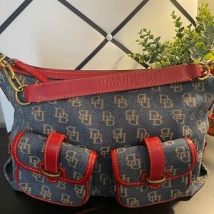 Dooney & Bourke handbag blue signature denim with red leather.